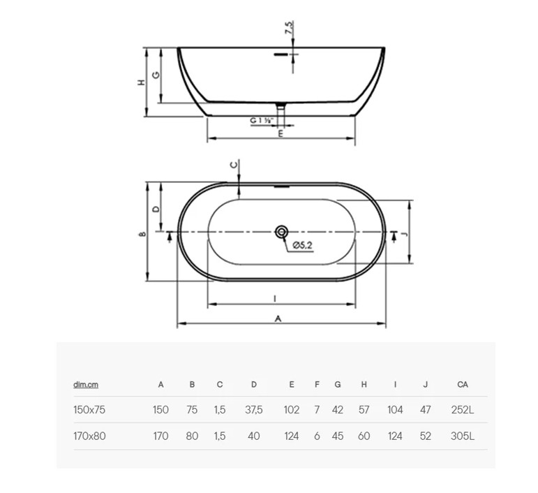 TRENTO FREE STANDIING BATH TUB GLOSSY 170X80