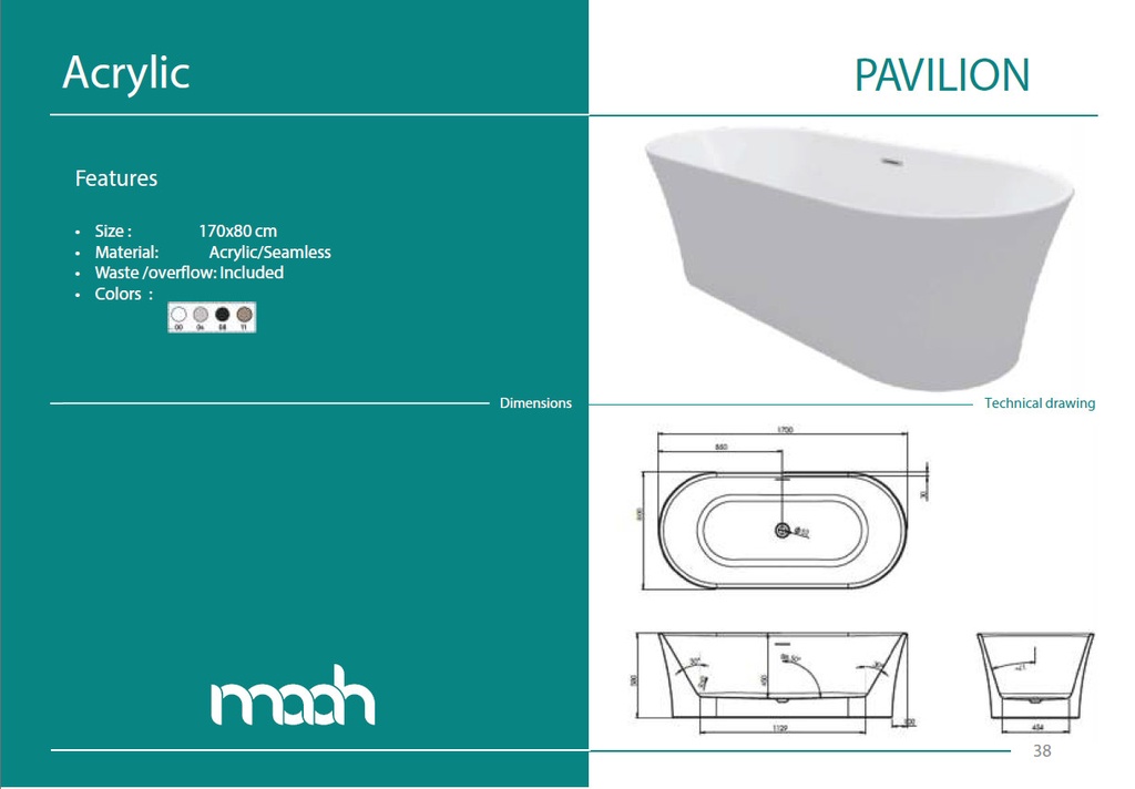 PAVILION 170X80 FREE STANDING BATH TUB WHITE GLOSS