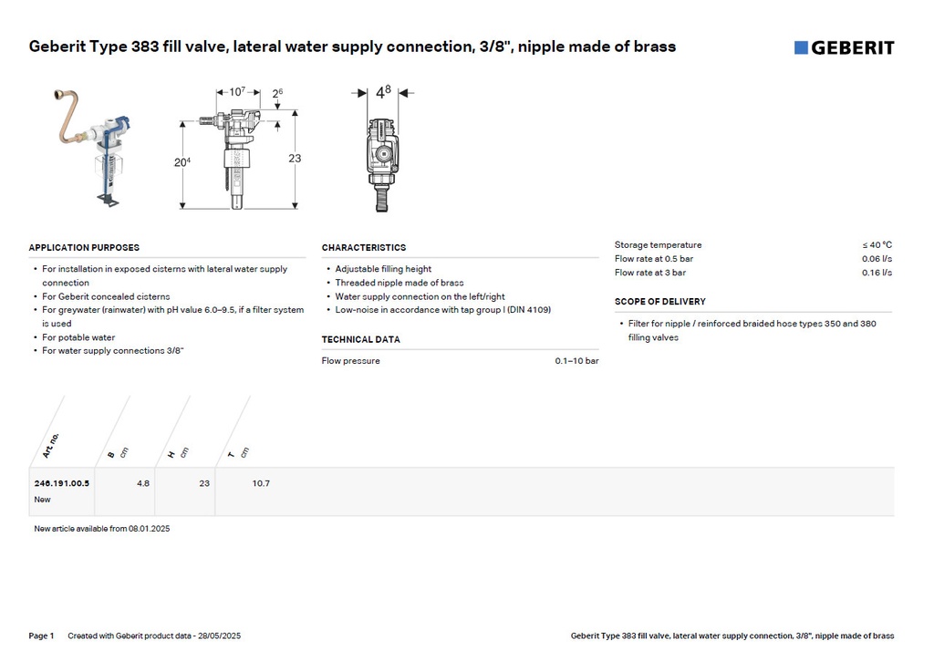 REPLACEMENT FILLING VALVE IMPULS 380 WITH 3/8" BRASS CONNECTION (REPLACED WITH OLD CODE 240.705.00.5 )