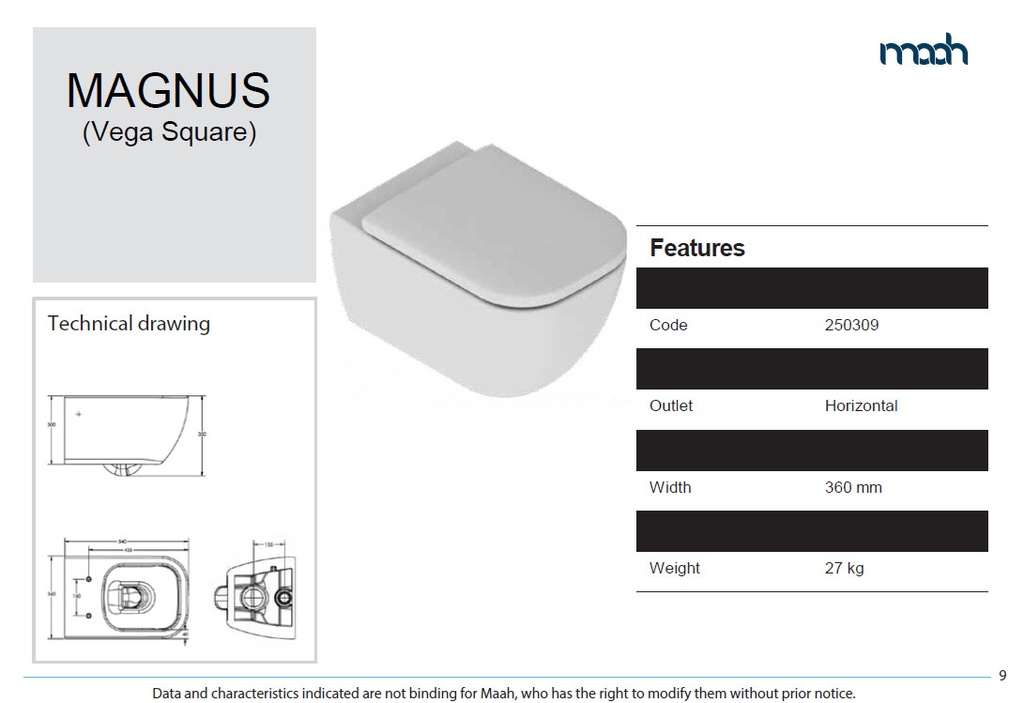 KIT MAGNUS (VEGA SQUARE) WALL HUNG TOILET, WITHOUT DOUCHE WHITE GLOSS