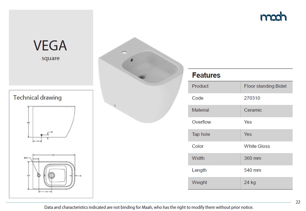 MAGNUS (VEGA SQUARE) BIDET FLOOR STANDING WHITE GLOSS