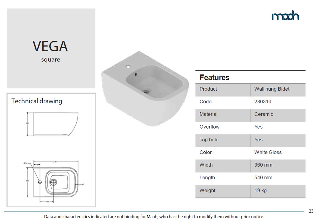 MAGNUS (VEGA SQUARE) BIDET WALL HUNG WHITE GLOSS