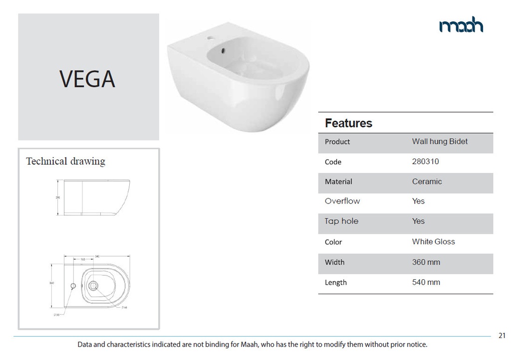 VEGA BIDET WALL MOUNTED WHITE GLOSS
