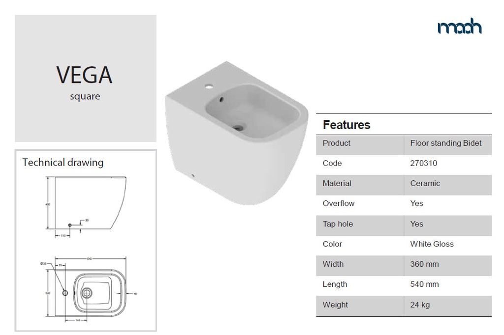 VEGA BIDET FLOOR STANDING WHITE GLOSS