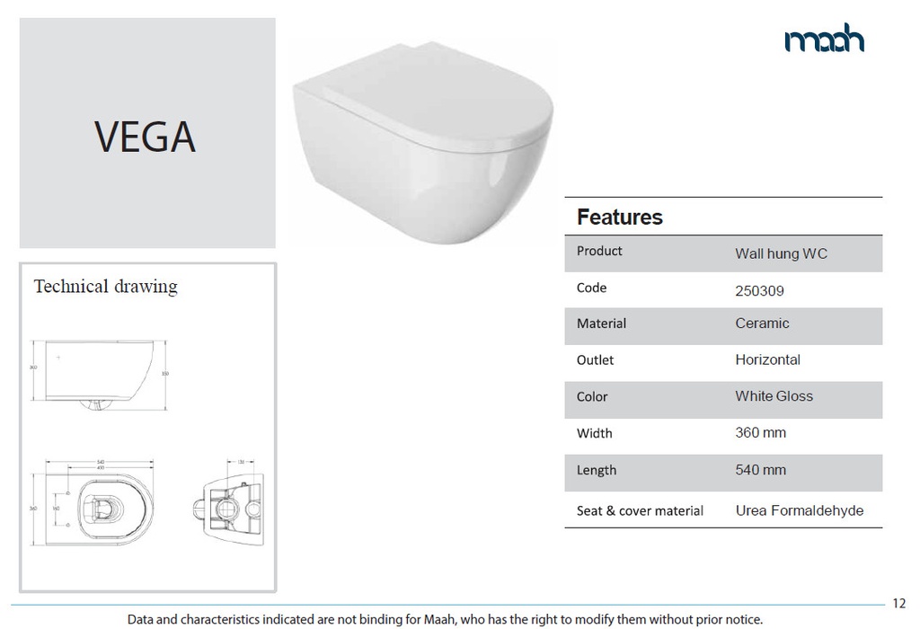 KIT VEGA WALL HUNG TOILET,WITHOUT DOUCHE WHITE GLOSS