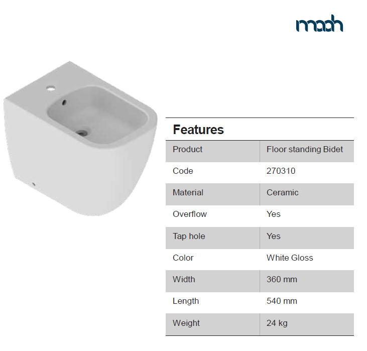 VEGA BIDET FLOOR STANDING WHITE GLOSS