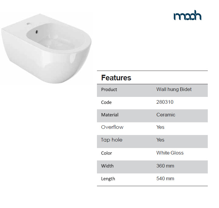 VEGA BIDET WALL MOUNTED WHITE GLOSS