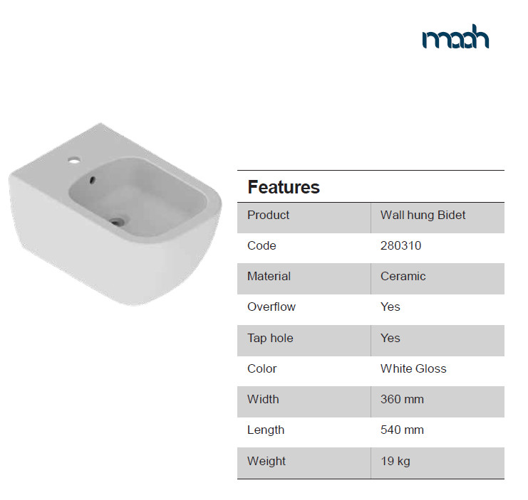 MAGNUS (VEGA SQUARE) BIDET WALL HUNG WHITE GLOSS