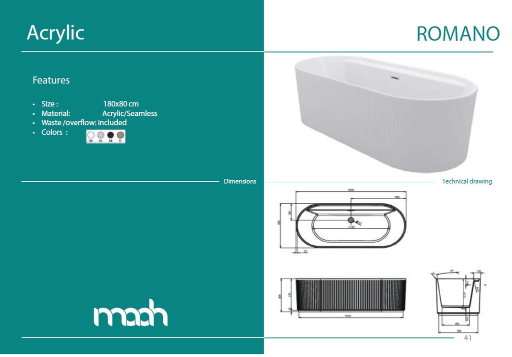 ROMANO 180X80 FREE STANDING BATHTUB WHITE GLOSS