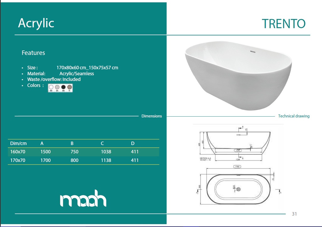 TRENTO SEAMLESS 170X80 FREE STANDING BATHTUB WHITE GLOSS