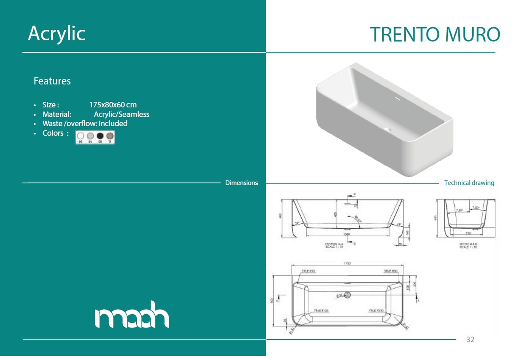 TRENTO MURO 175X80 FREE STANDING BATH TUB W/O OVERFLOR COVER WHITE GLOSS