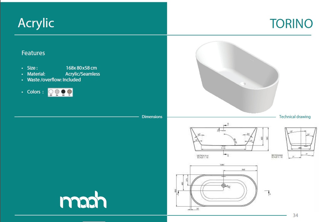 TORINO SEAMLESS 168X80 FREE STANDING BATH TUB WHITE GLOSS