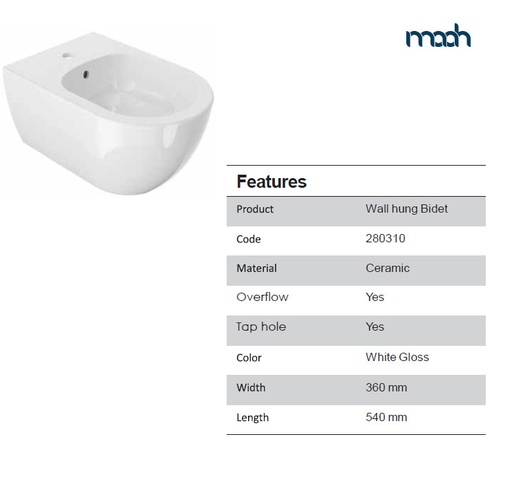 [28031000532] VEGA BIDET WALL MOUNTED WHITE GLOSS