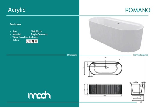 [05800070001] ROMANO 180X80 FREE STANDING BATHTUB WHITE GLOSS