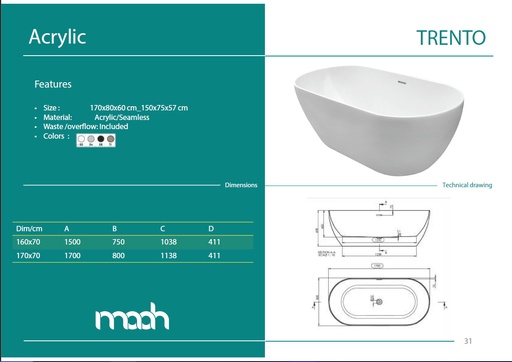 [05800800001] TRENTO SEAMLESS 170X80 FREE STANDING BATHTUB WHITE GLOSS