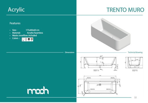 [05801210001] TRENTO MURO 175X80 FREE STANDING BATH TUB W/O OVERFLOR COVER WHITE GLOSS