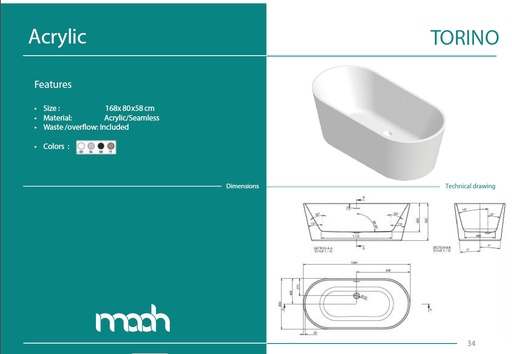[05801010001] TORINO SEAMLESS 168X80 FREE STANDING BATH TUB WHITE GLOSS