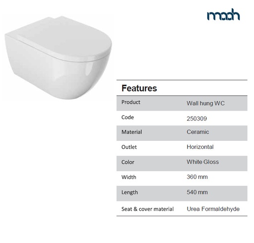 [KIT-2503090053] KIT VEGA WALL HUNG TOILET,WITHOUT DOUCHE WHITE GLOSS